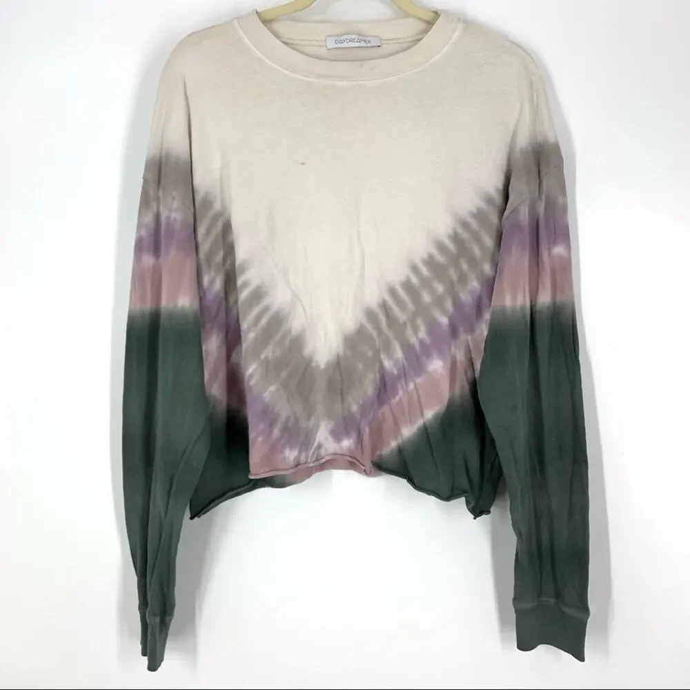 Daydreamer Cotton Tie Dye Long Sleeve Tee Shirt Medium Purple Tan Green - Picture 2 of 6